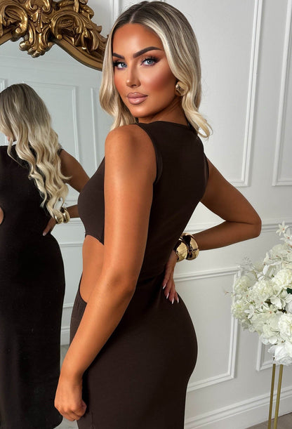High Society Honey Brown Cut Out Maxi Dress