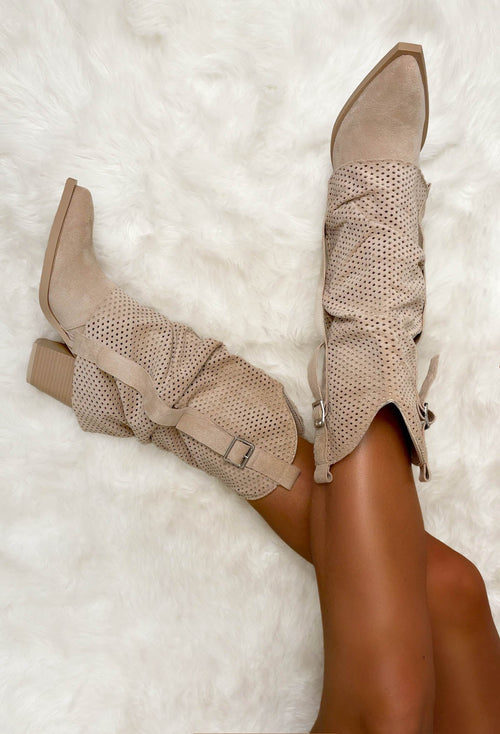 Hoedown Throwdown Beige Faux Suede Buckle Boots