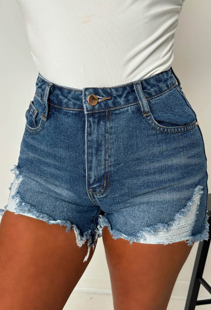 Hold'Em Close Mid Wash Stretch Frayed Cut Off Denim Shorts