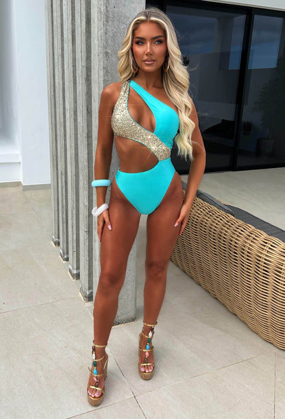 Holiday Queen Aqua One Shoulder Sequin Cut Out Swimsuit
