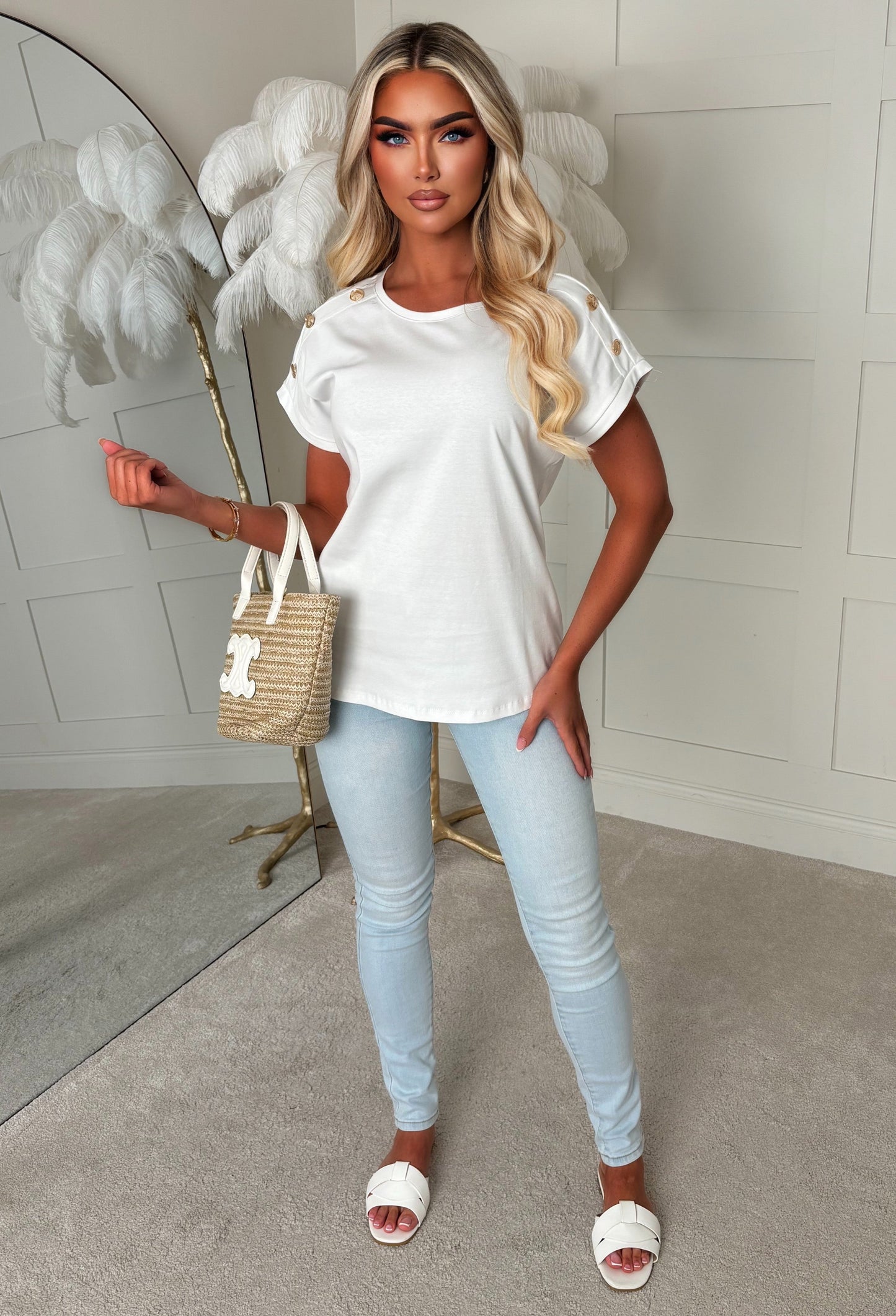 Holly White Basic Gold Button T-shirt