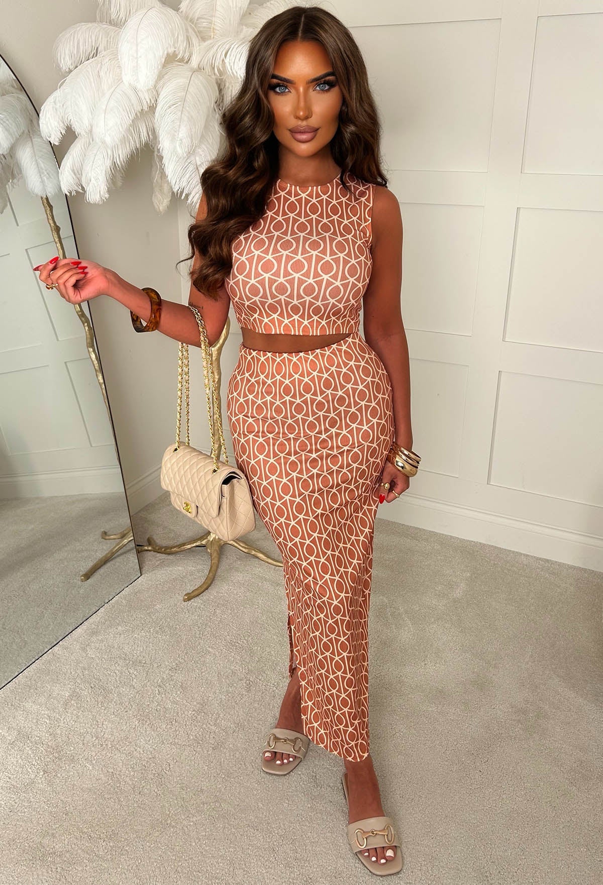 Honey Please Orange Geometric Print Ribbed Vest Top & Midi Skirt Set