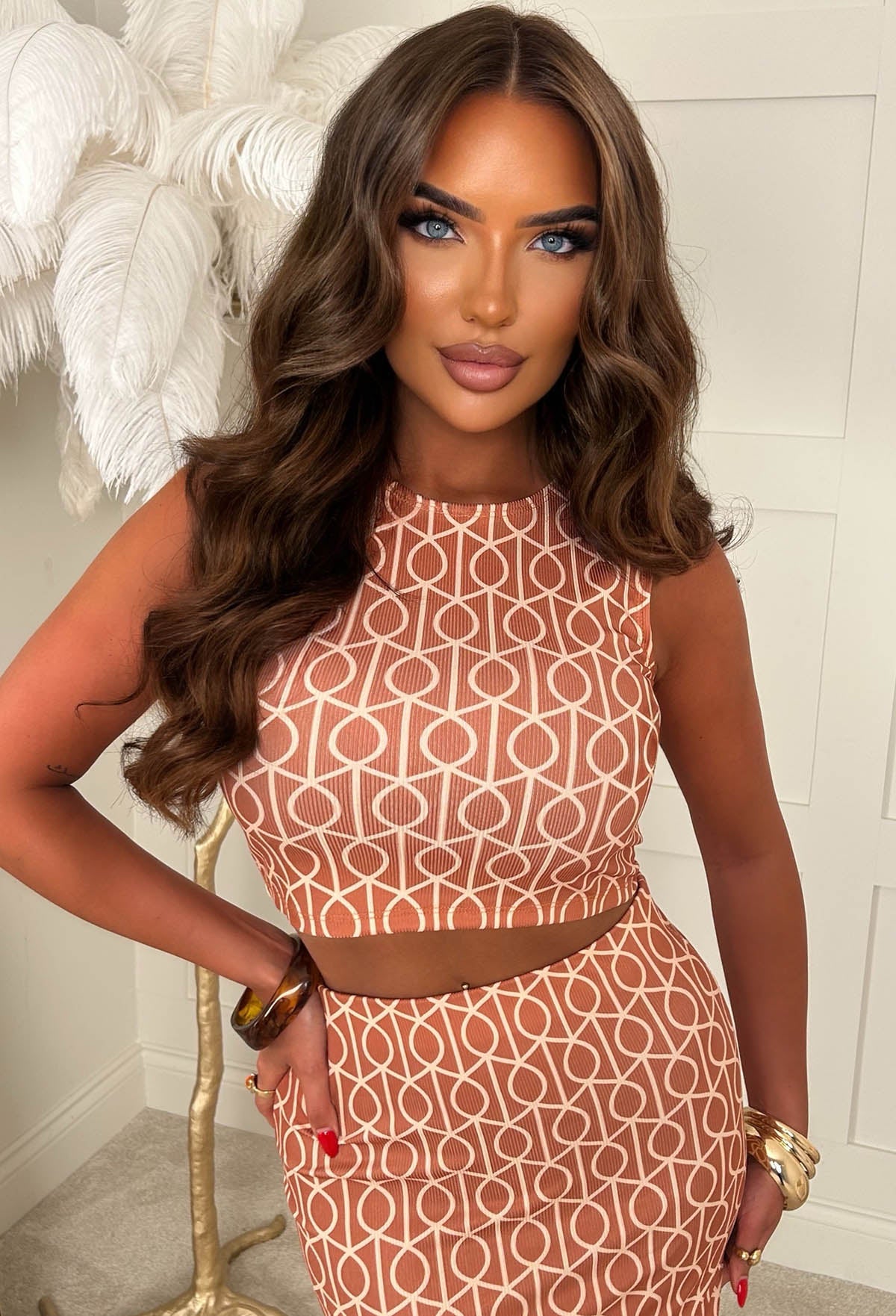 Honey Please Orange Geometric Print Ribbed Vest Top & Midi Skirt Set