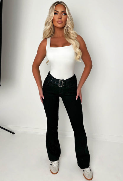 Hot As Hell Black Low Rise Stretch Belted Flare Jeans