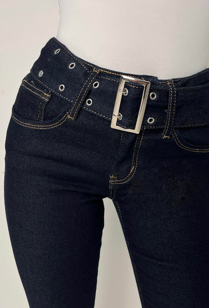 Hot As Hell Dark Blue Low Rise Stretch Belted Flare Jeans