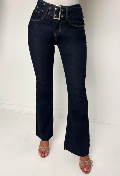 Hot As Hell Dark Blue Low Rise Stretch Belted Flare Jeans