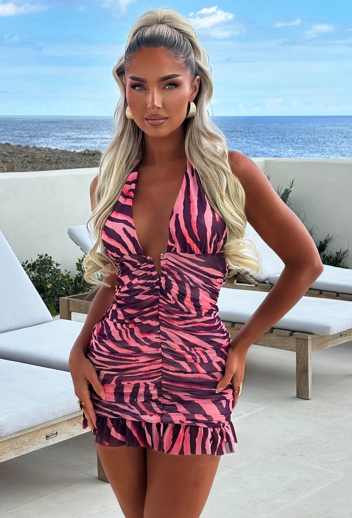 Hot Girl Safari Multi Zebra Print Halter Mesh Mini Dress