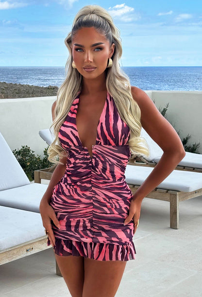 Hot Girl Safari Multi Zebra Print Halter Mesh Mini Dress