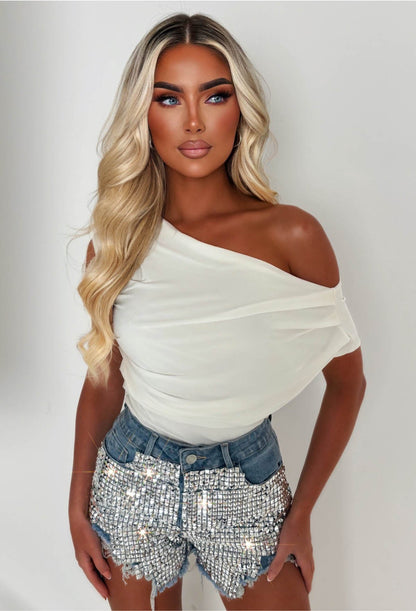 Hot Stud Mid Blue Stretch Studded Front Ripped Denim Shorts