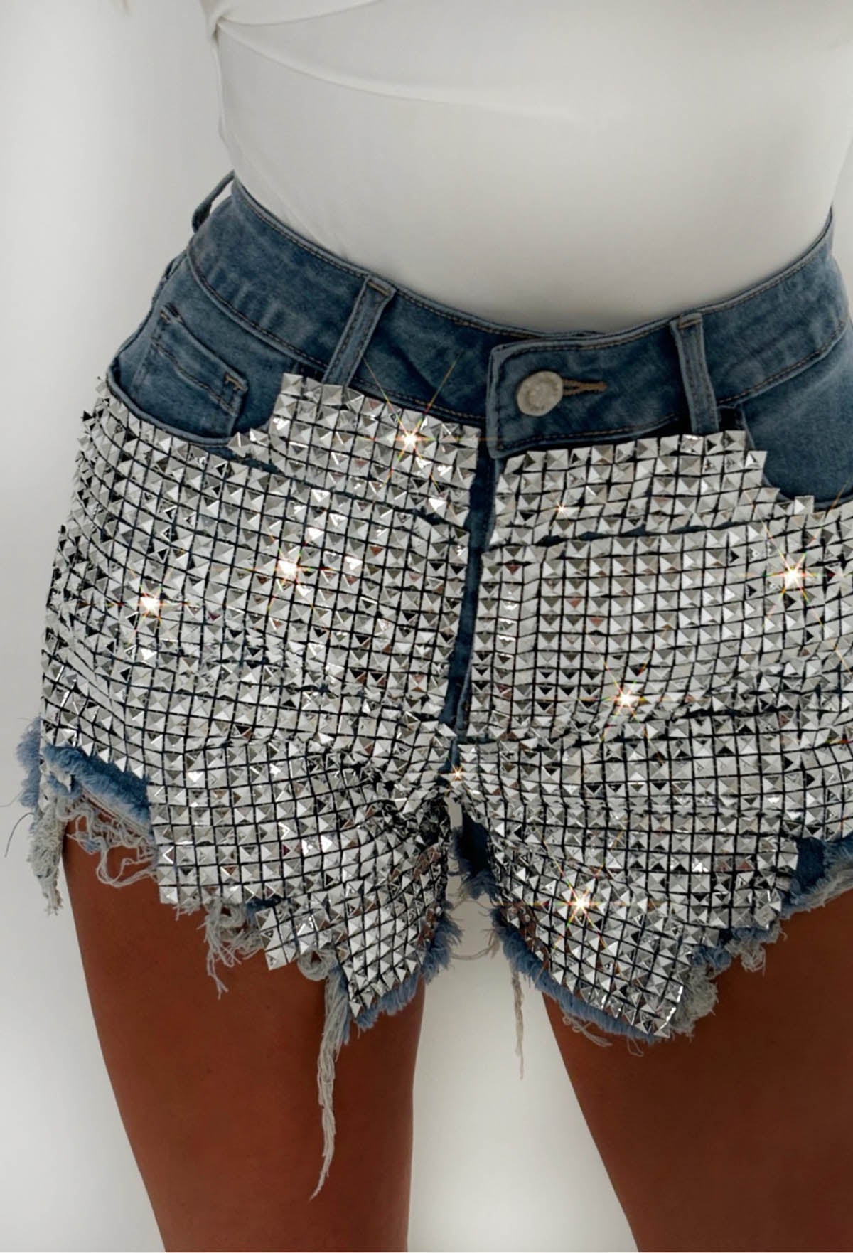 Hot Stud Mid Blue Stretch Studded Front Ripped Denim Shorts
