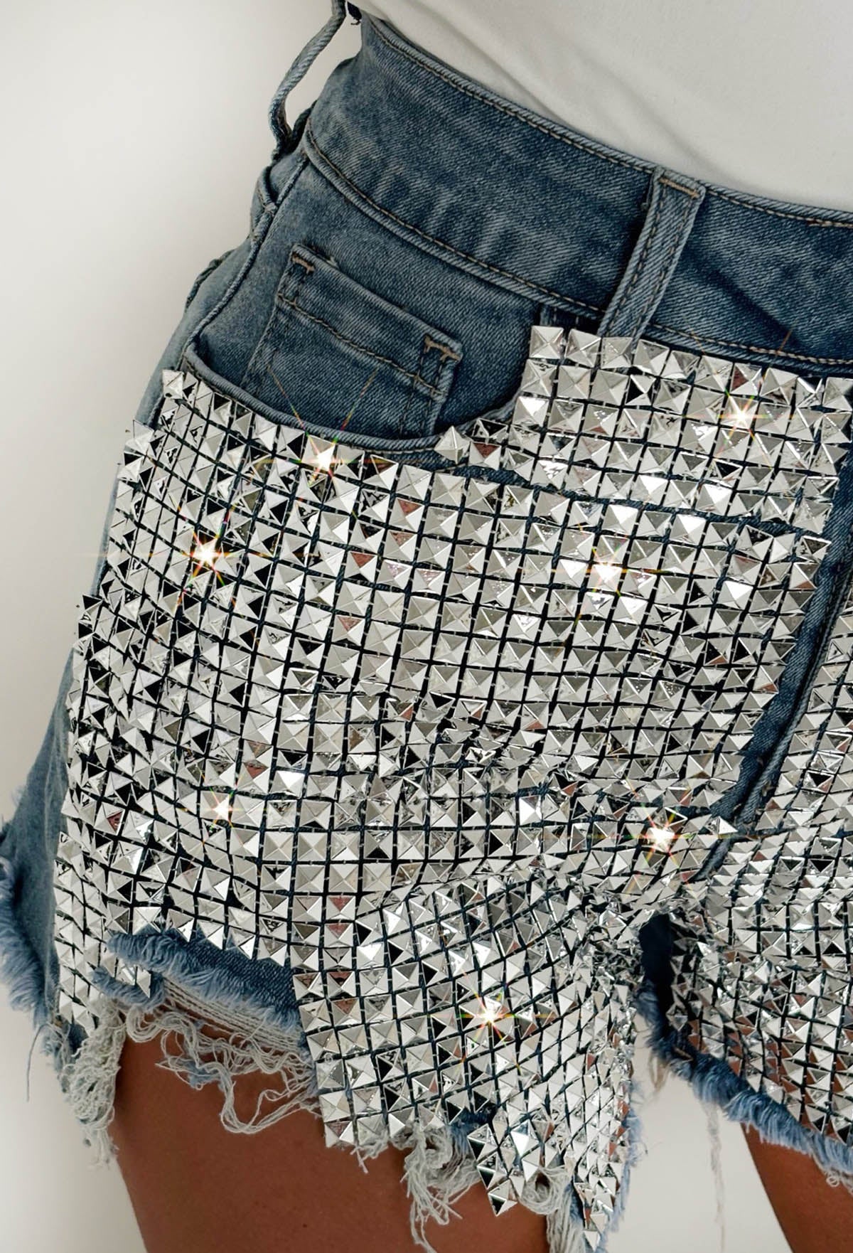 Hot Stud Mid Blue Stretch Studded Front Ripped Denim Shorts