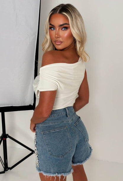 Hot Stud Mid Blue Stretch Studded Front Ripped Denim Shorts