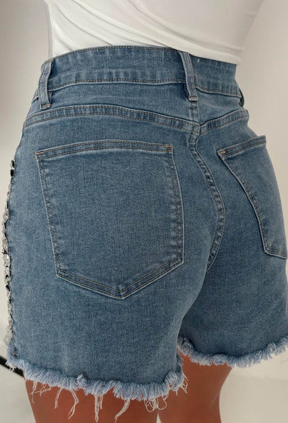 Hot Stud Mid Blue Stretch Studded Front Ripped Denim Shorts