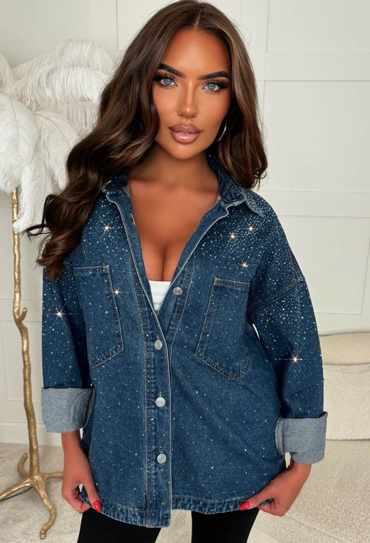 Hot To Handle Mid Blue Oversized Hot Fix Denim Shirt
