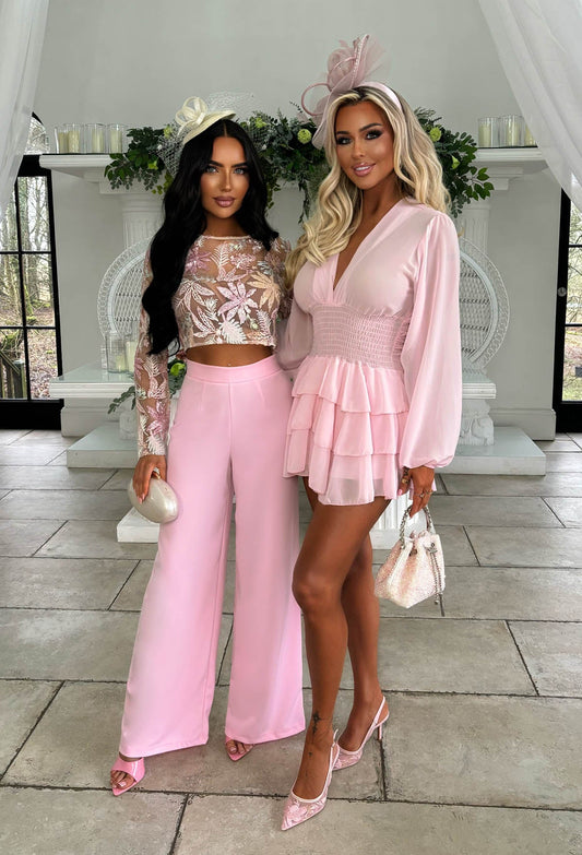 I See Fire Light Pink High Waisted Wide Leg Trousers