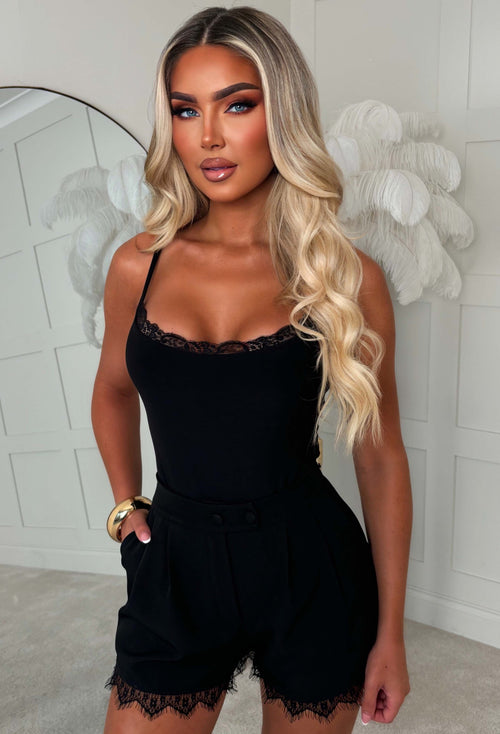 In The Spotlight Black Lace Trim Detail Tailored Shorts
