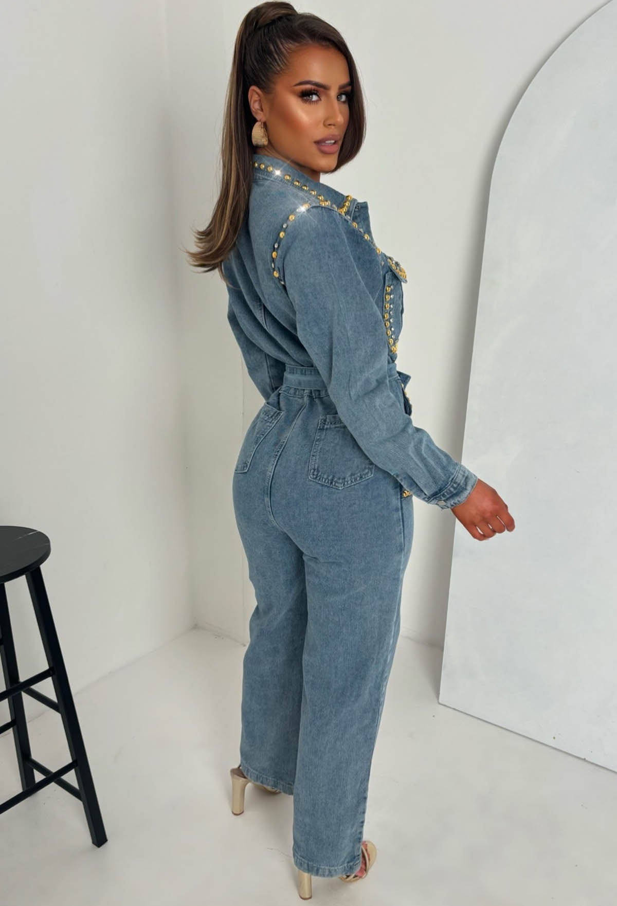 Indigo Icon Mid Wash Stretch Denim Long Sleeve Studded Jumpsuit