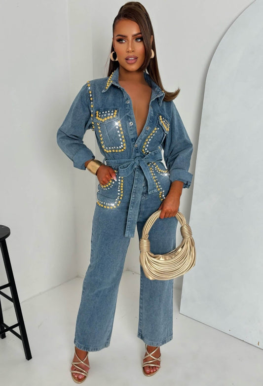 Indigo Icon Mid Wash Stretch Denim Long Sleeve Studded Jumpsuit