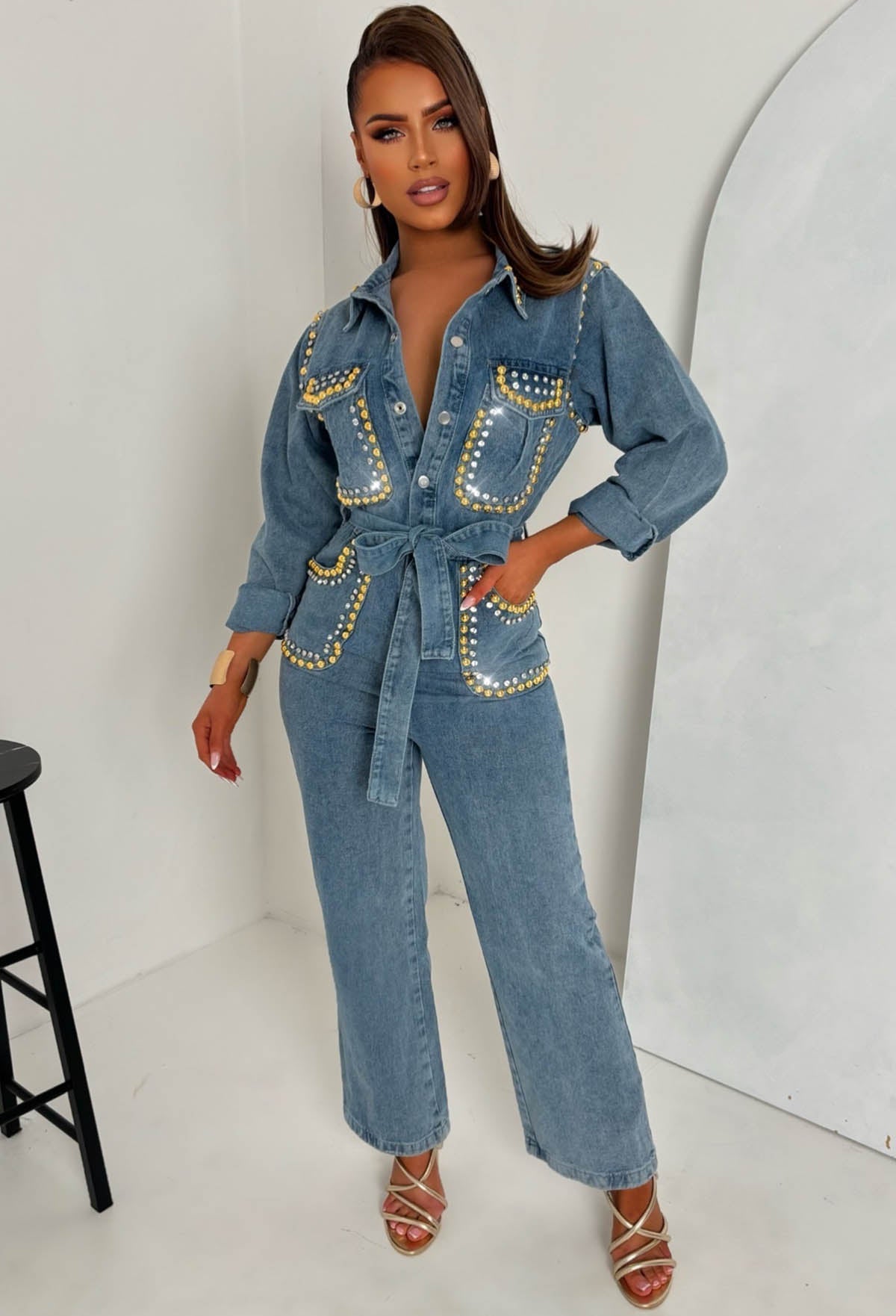Indigo Icon Mid Wash Stretch Denim Long Sleeve Studded Jumpsuit