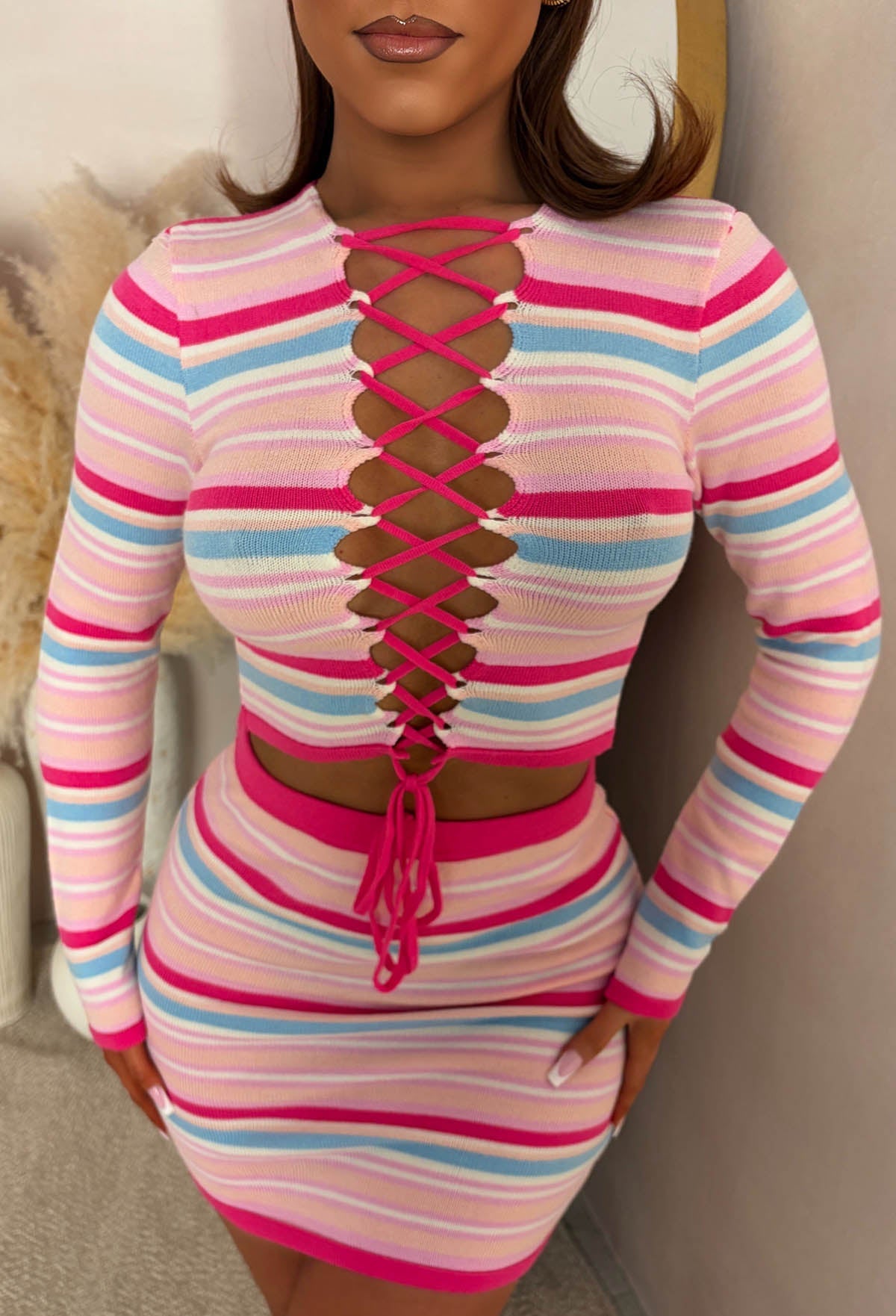 Irresistible You Pink Knitted Reversible Stripe Lace Up Top