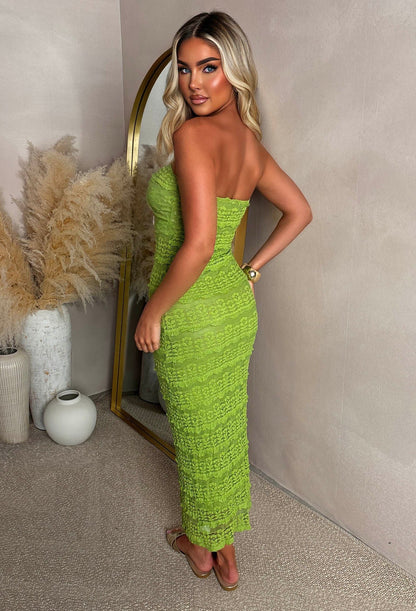 Island Bliss Green Shell Lace Bandeau Stretch Maxi Dress