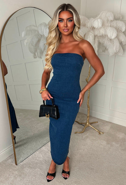 Isobella Mid Wash Stretch Denim Bandeau Dress
