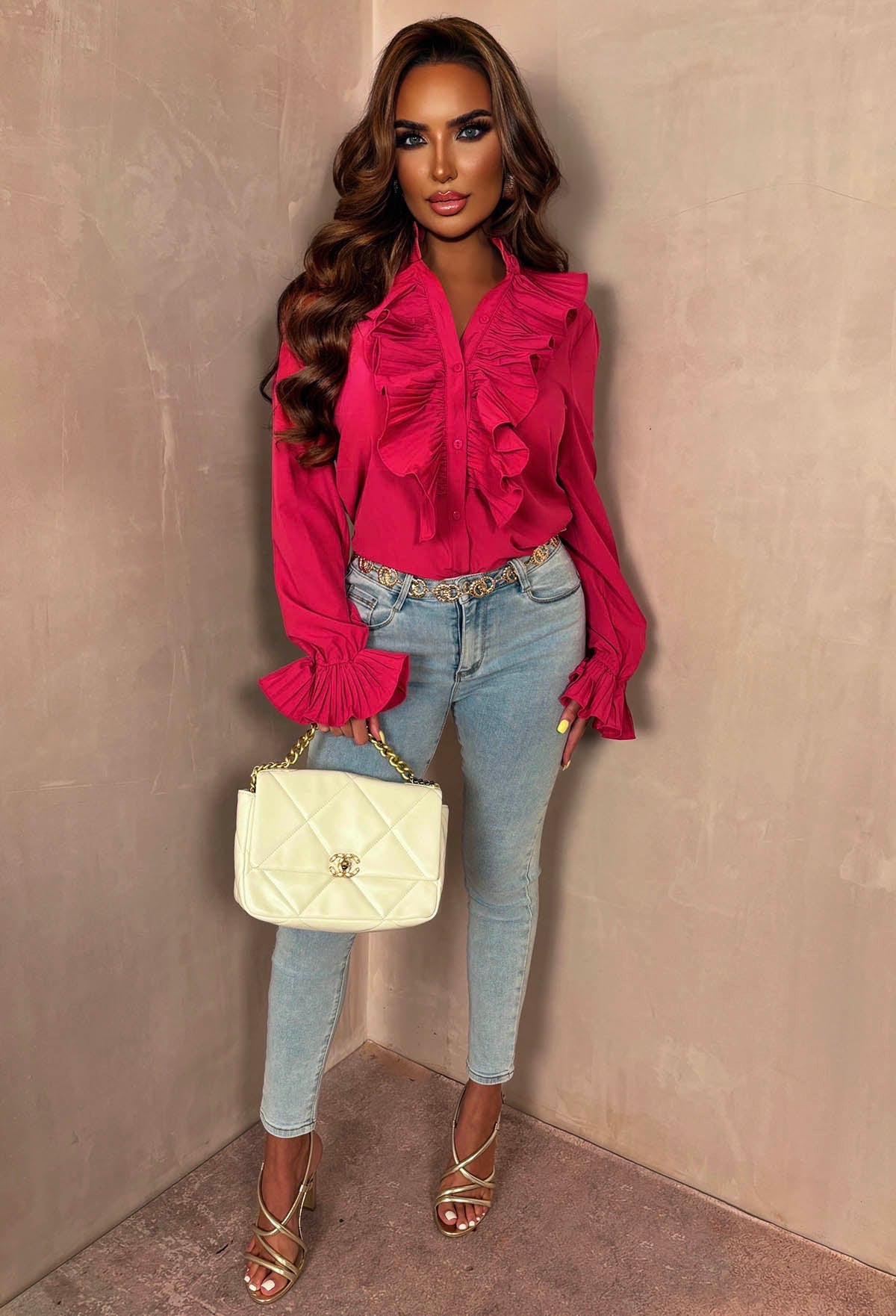 It Girl Hot Pink Button Up Frill Blouse