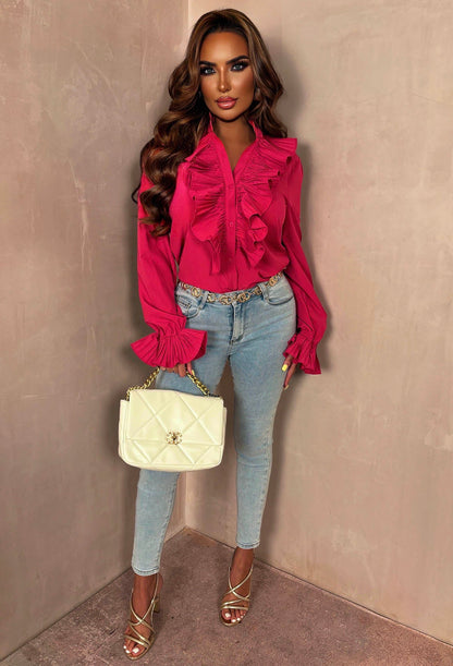 It Girl Hot Pink Button Up Frill Blouse