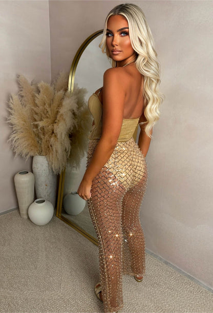 It Girl Moments Rose Gold Sequin Pearl Mesh Trousers