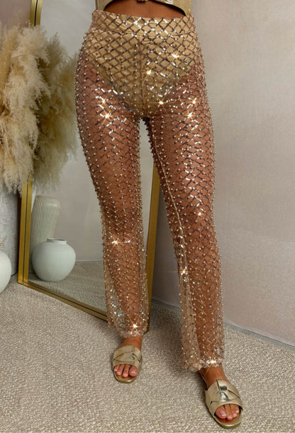 It Girl Moments Rose Gold Sequin Pearl Mesh Trousers