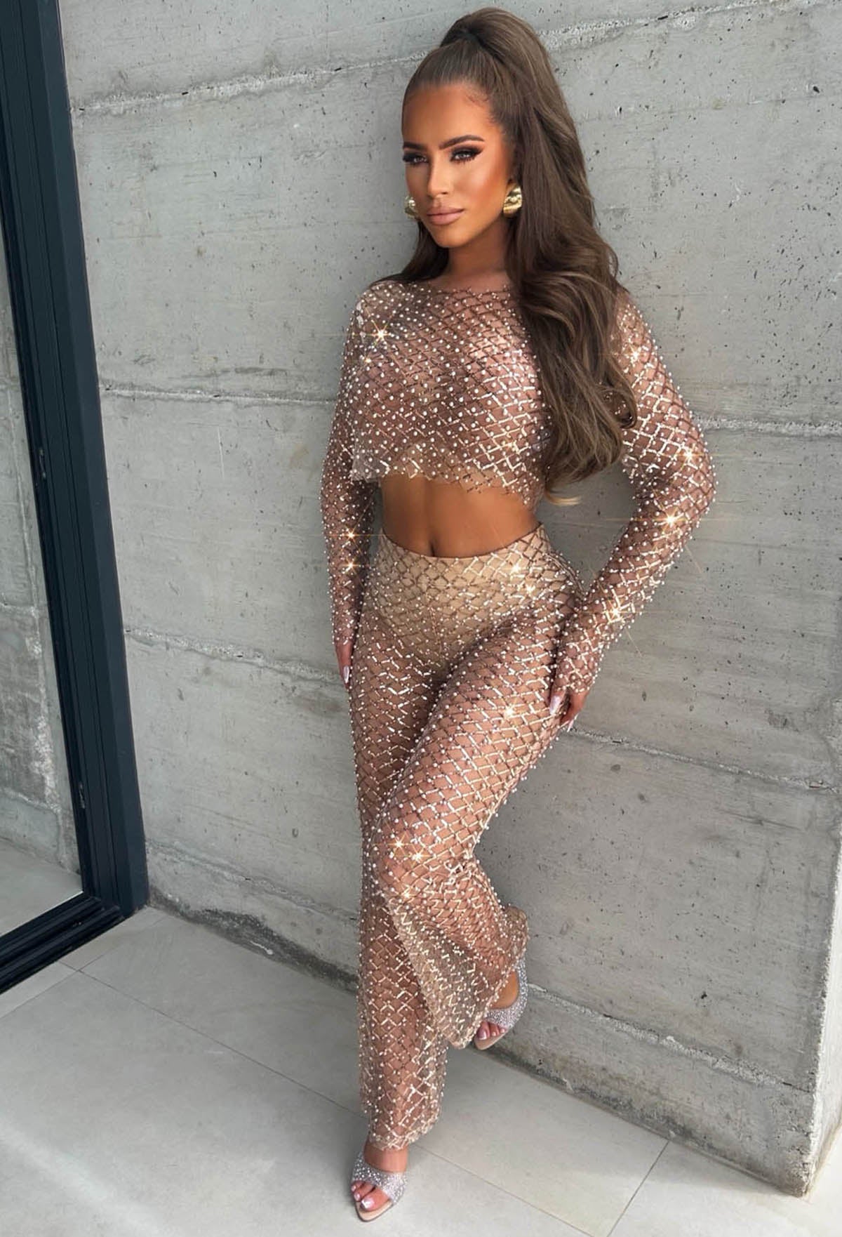 It Girl Moments Rose Gold Sequin Pearl Mesh Trousers