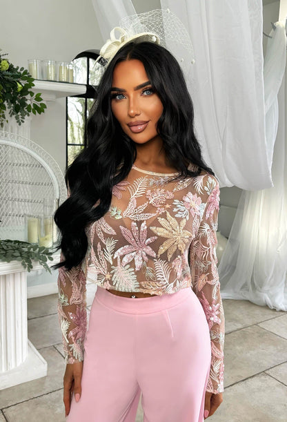 It Girl Season Pink Floral Mesh Sequin Top
