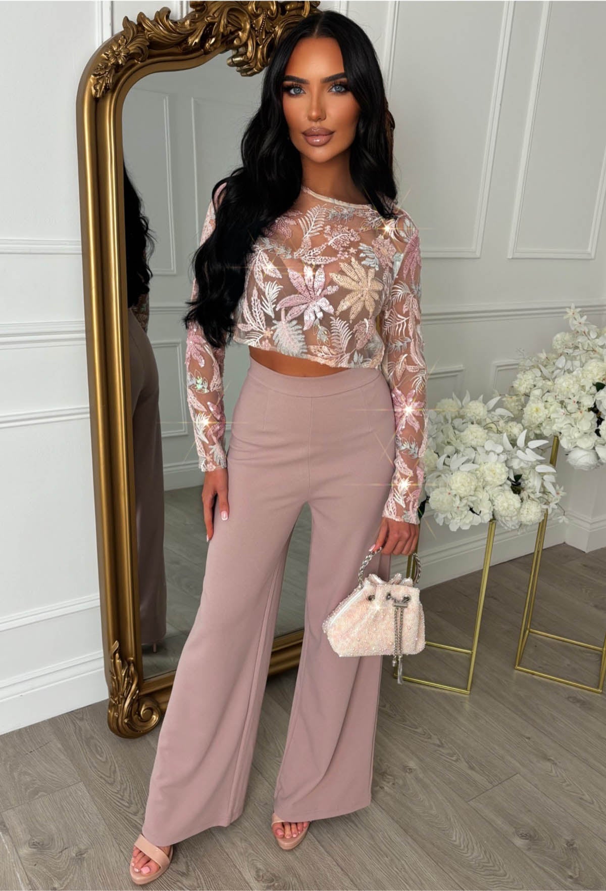 It Girl Season Pink Floral Mesh Sequin Top
