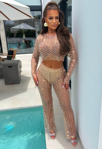 It Girl Season Rose Gold Sequin Pearl Mesh Top