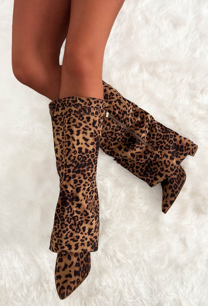 It's A Secret Tan Leopard Fold Over Knee High Lock Shark Boots