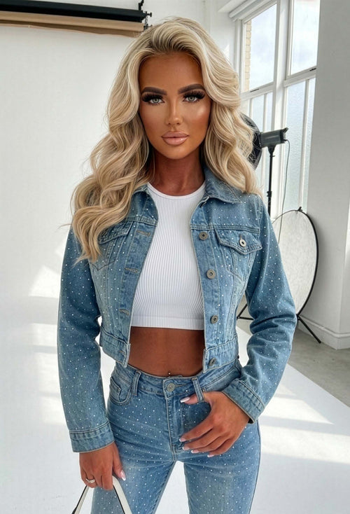 Jessy Light Wash Denim Cropped Hot Fix Jacket