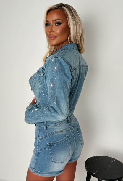 Jessy Light Wash Denim Cropped Hot Fix Jacket