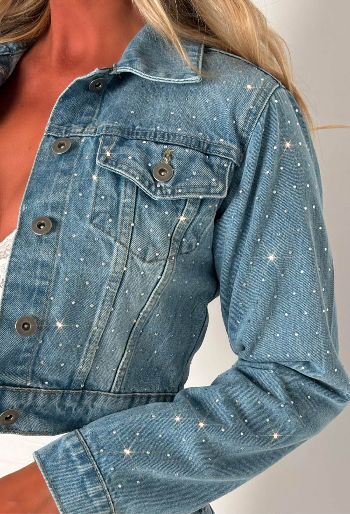 Jessy Light Wash Denim Cropped Hot Fix Jacket