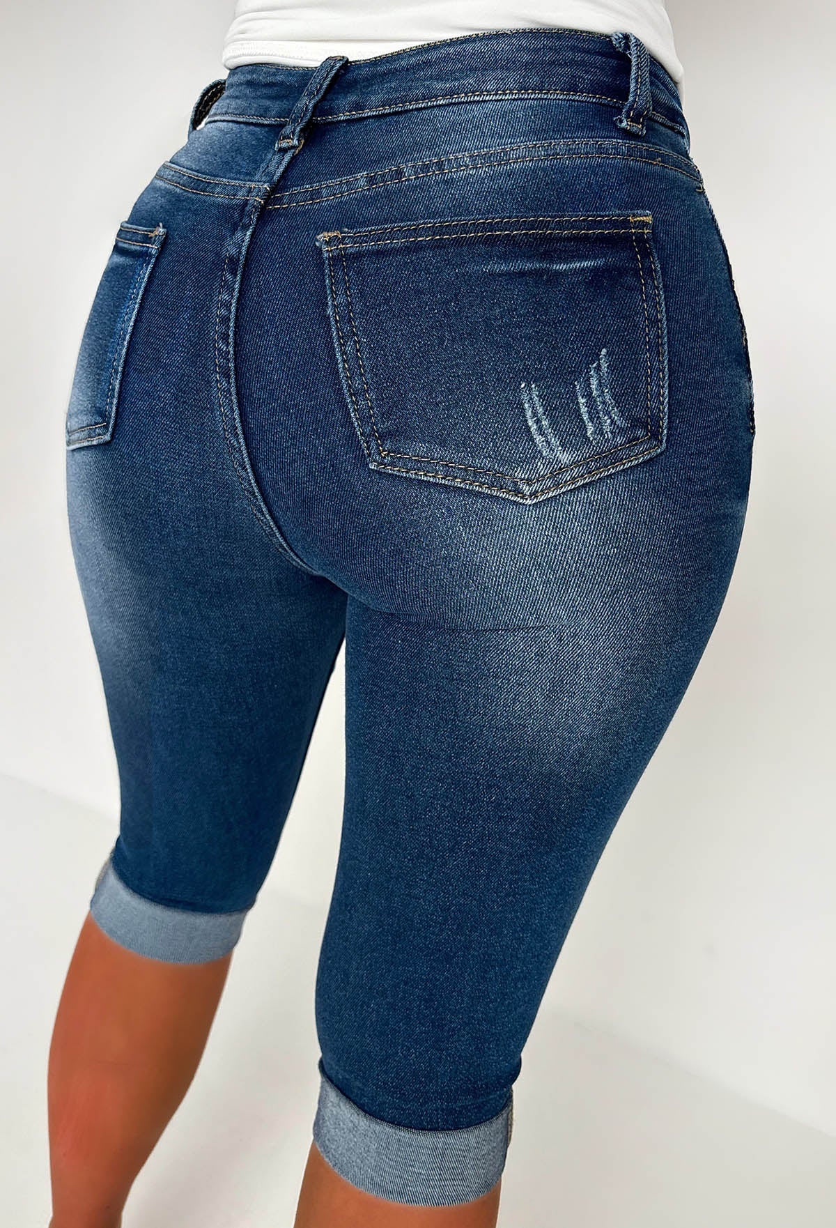 Jodie Mid Wash Stretch Ripped Denim Capri Pants With Turn Up's