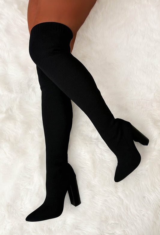 Just For You Black Stretch Over The Knee Block Heel Boots