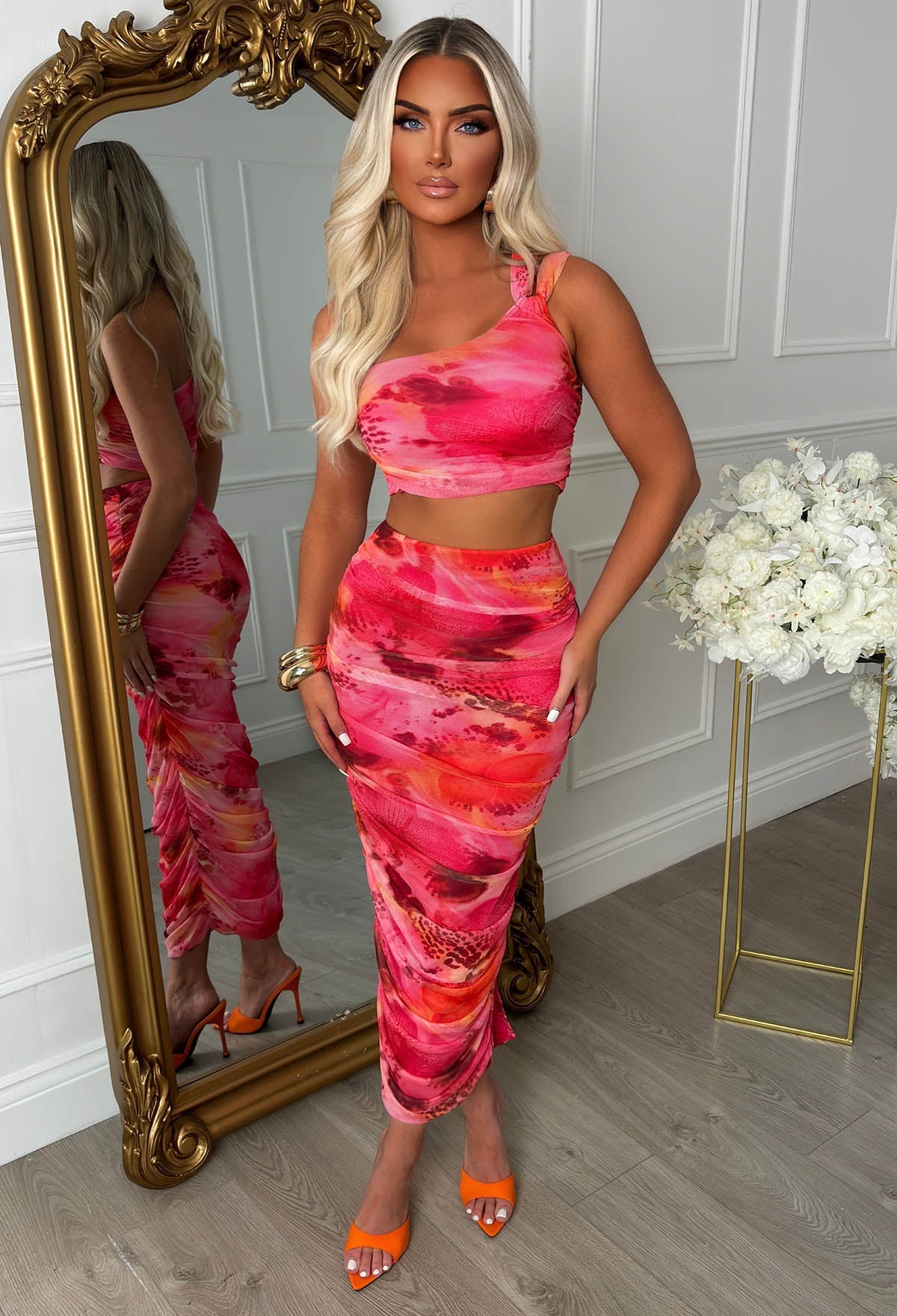Kailey Pink One Shoulder Ruched Mesh Skirt Co-ord Set