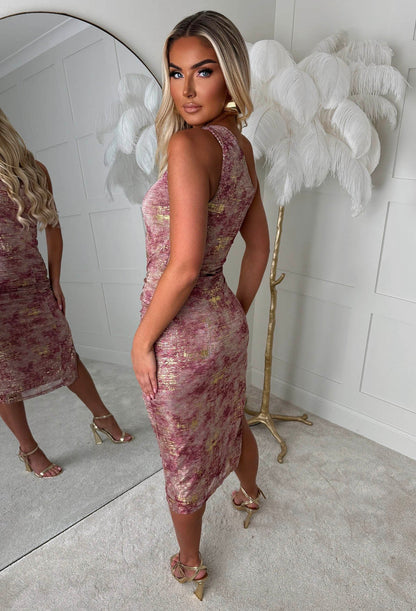 Kally Pink Foil Print One Shoulder Dress