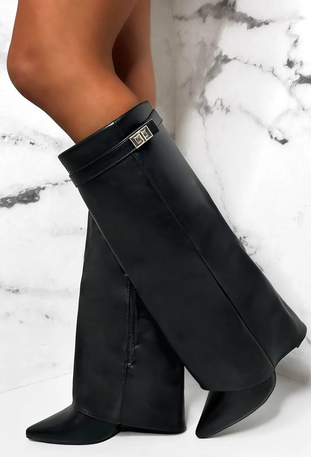 Keep It A Secret Black Faux Leather Fold Over Knee High Shark Boots