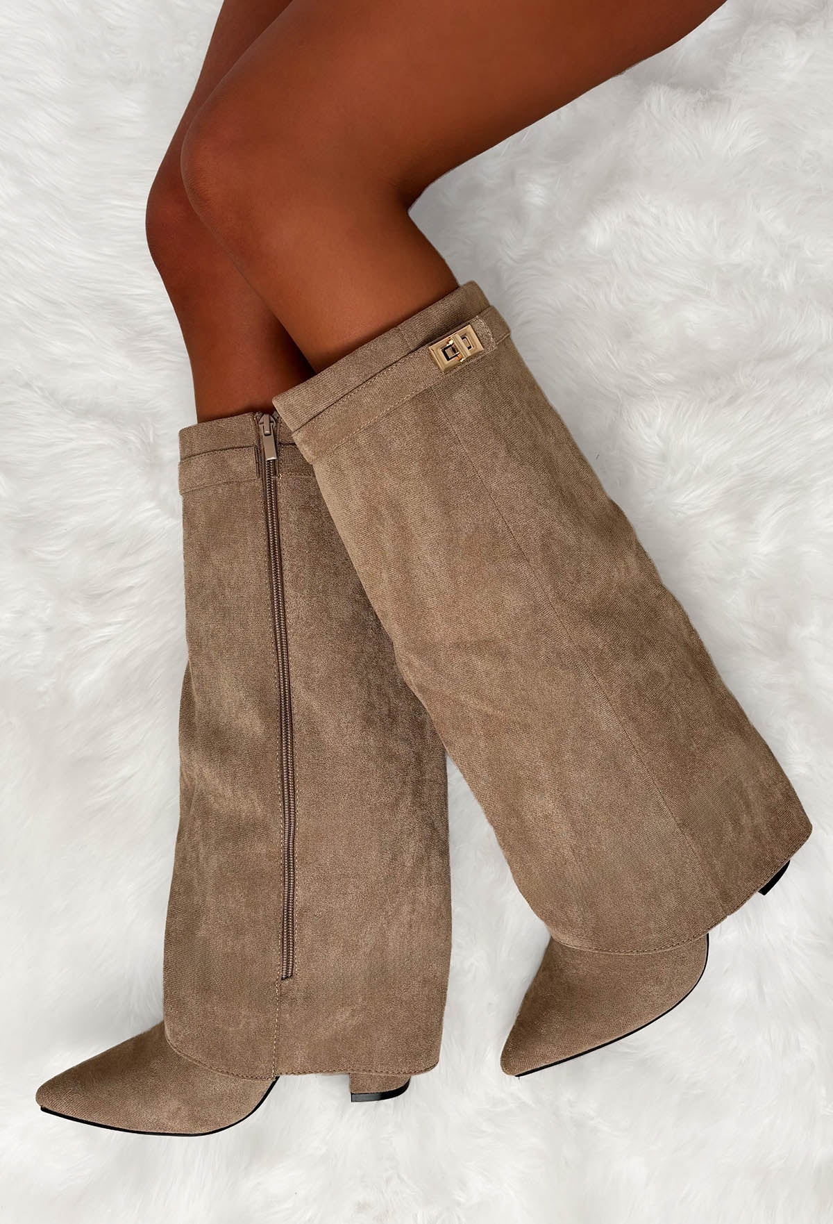 Keep It A Secret Taupe Faux Suede Fold Over Knee High Lock Shark Boots