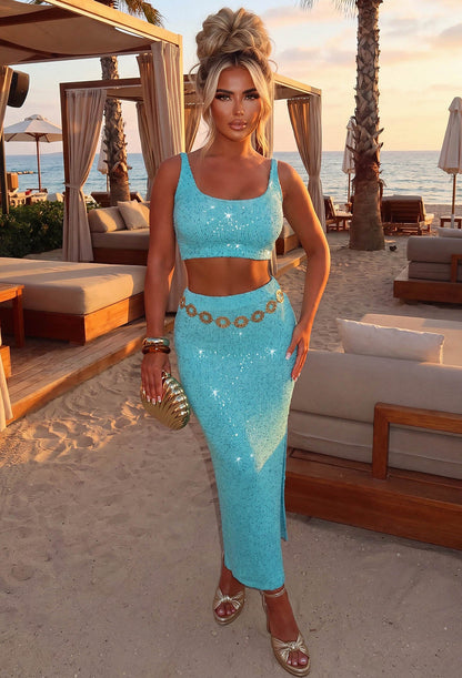 Kiss Me Later Aqua Knitted Sequin Midi Skirt With Side Slit