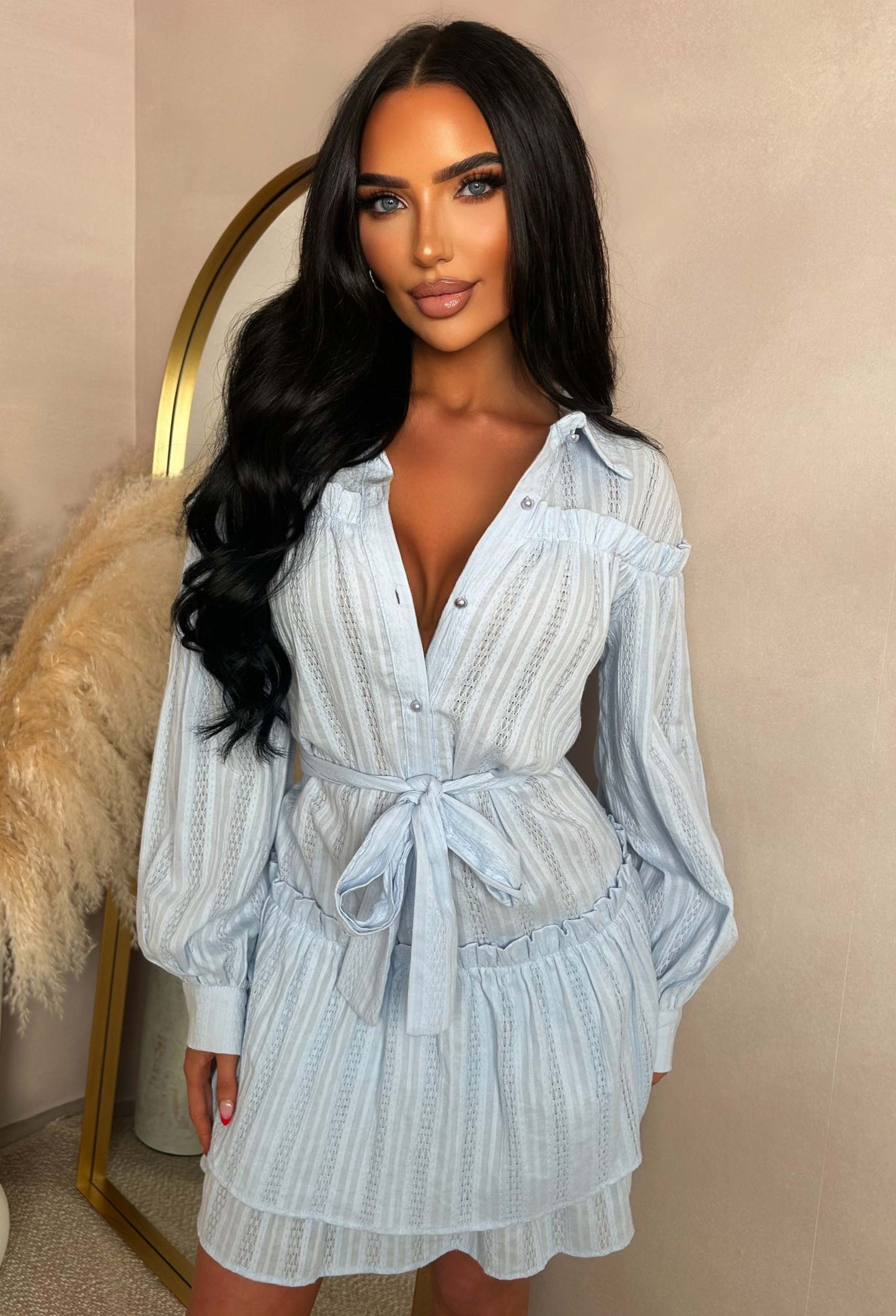 Kiss Me Sweetheart Blue Ruffle Mini Dress With Tied Bow