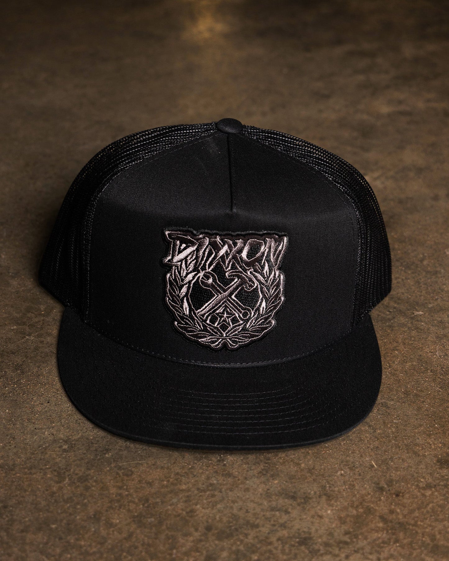 Party Crest Flat Bill Trucker Snapback - Black & Gray