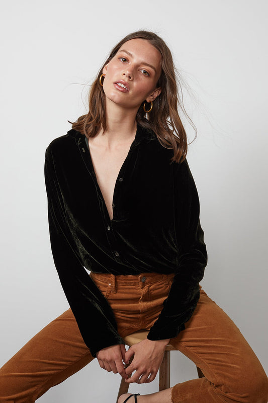 JENSINE SILK VELVET BUTTON-UP SHIRT