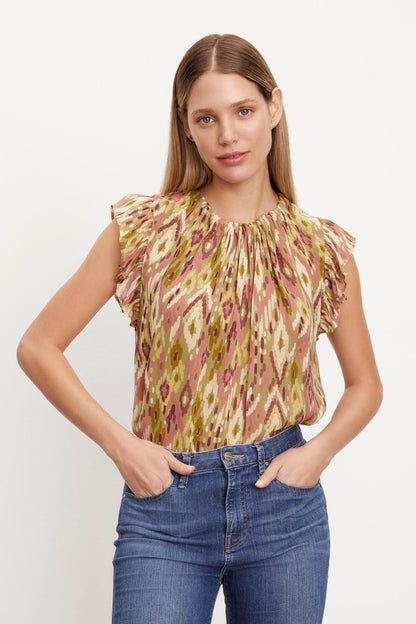 ADARA PRINTED FLUTTER SLEEVE TOP