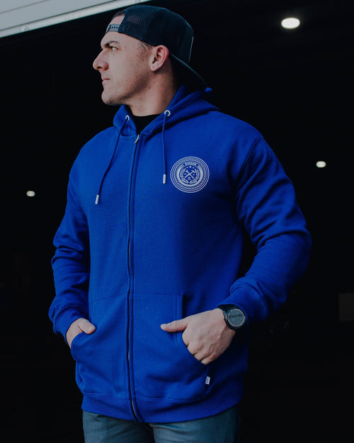 White Chain Badge Zip Up - Blue